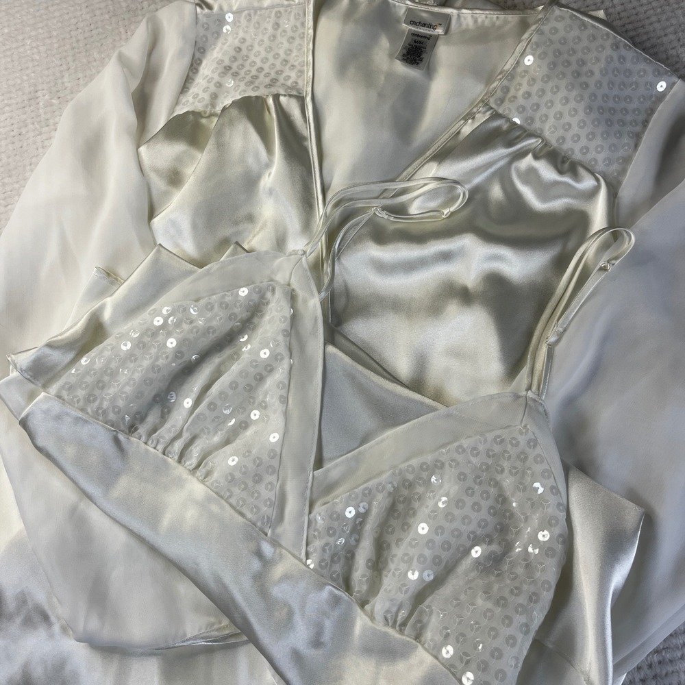Enchanting Ivory Satin Sequin Mesh V-Neck‎ Chemise Nightgown and Robe Set Medium
